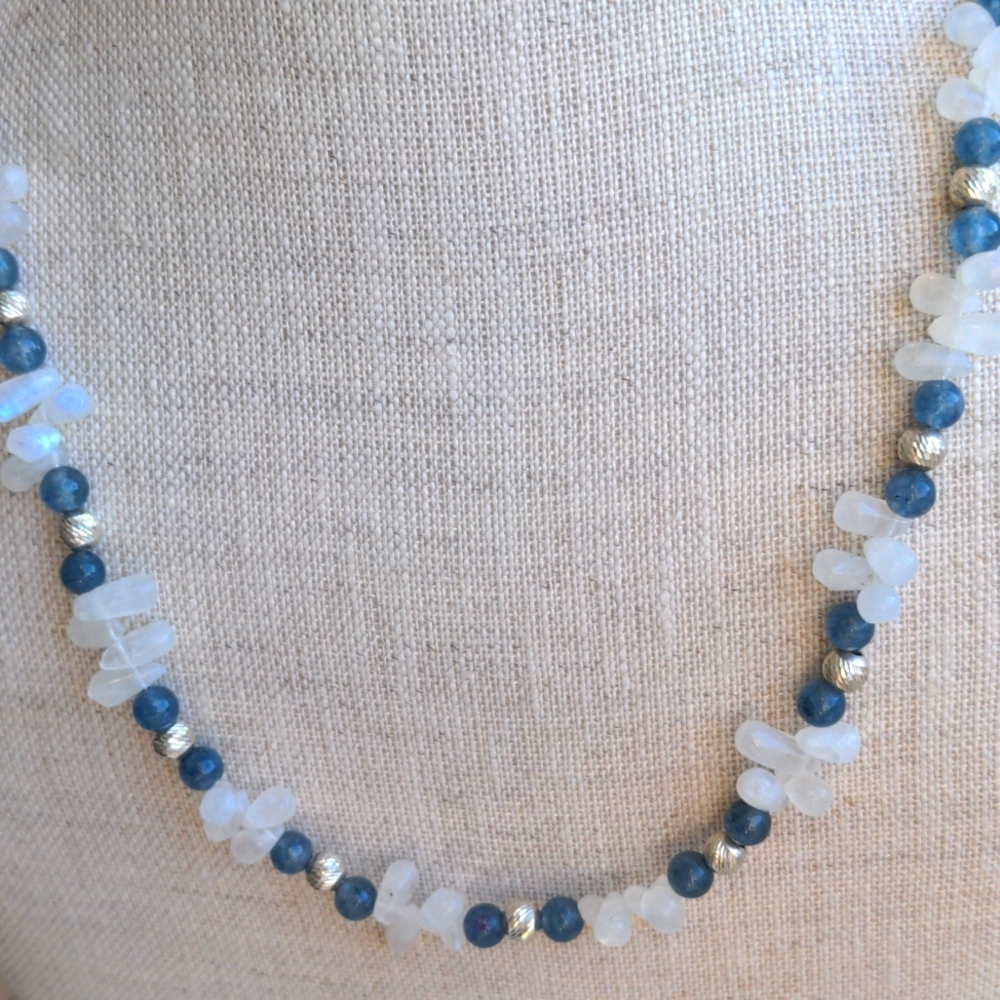 Moonstone & Kyanite Sterling Silver necklace. New Glowing Genuine Gems, Blue